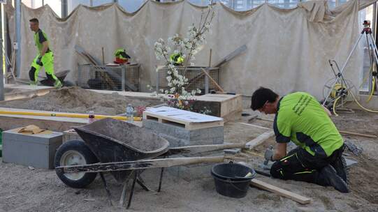 Elia Ruckstuhl richtet eine Gneisplatte von Hand mit dem Setzer.