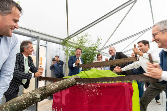 Zur Eröffnung des neuen Bildungszentrums am 10. September zersägten Thomas Schulte  (Präsident Gärtnermeister beider Basel GmbB), Olivier Mark (Präsident JardinSuisse), Thomas Jundt (Verwaltungsratspräsident Bildungszentrum GmbB AG) und Regierungspräsident Thomas Weber mit antiken Zweimannsägen einen Baumstamm. Foto: Sabrine Stäubli