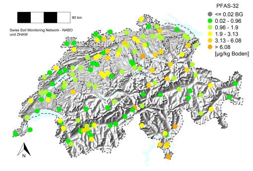 Karte Bodenproben in der Schweiz mit der Höhe der gefundenen Konzentrationen. (zVg ZHAW)